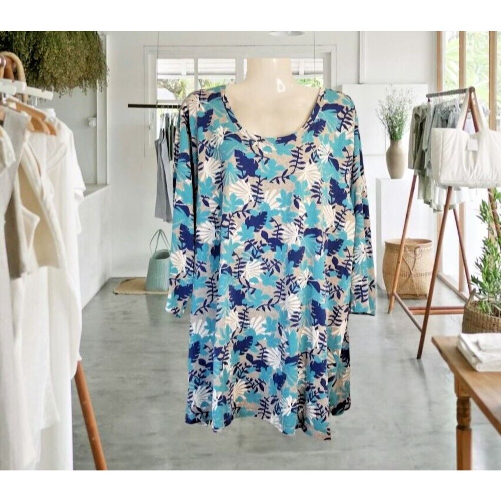 Woman Within Women's Top Tropical Design Gray Blue Round Neck Size 30/32